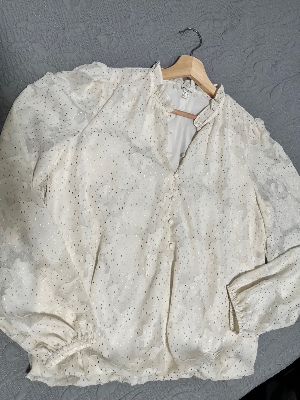 Cream Metallic Dot Ruffle-Neck Blouse